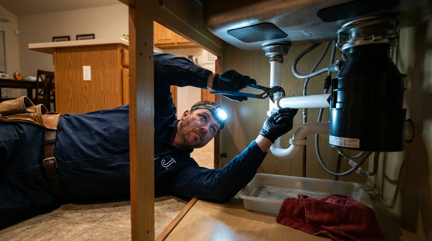 P-trap and supply line connections under a kitchen sink showing a common leak point in Kingston, WA